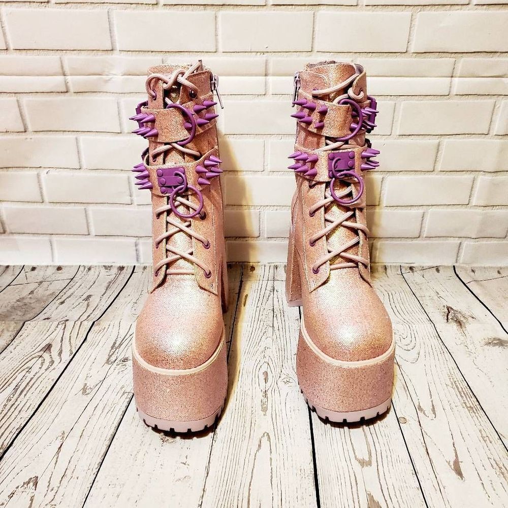 Sugar Thrillz Emo, Rave, Sexy Pink Glitter, Lavender Spiked Platform Boots Size7